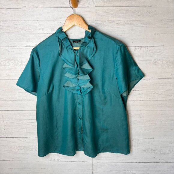 Talbots Top Womens Size 14W Dark Teal Ruffle Silk Blend Button Down Blouse - Picture 3 of 16
